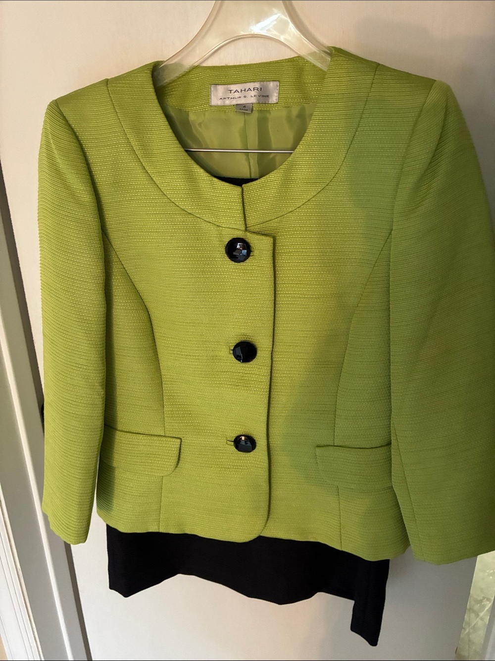 Tahari Bright Lime Green Collarless Textured Blazer